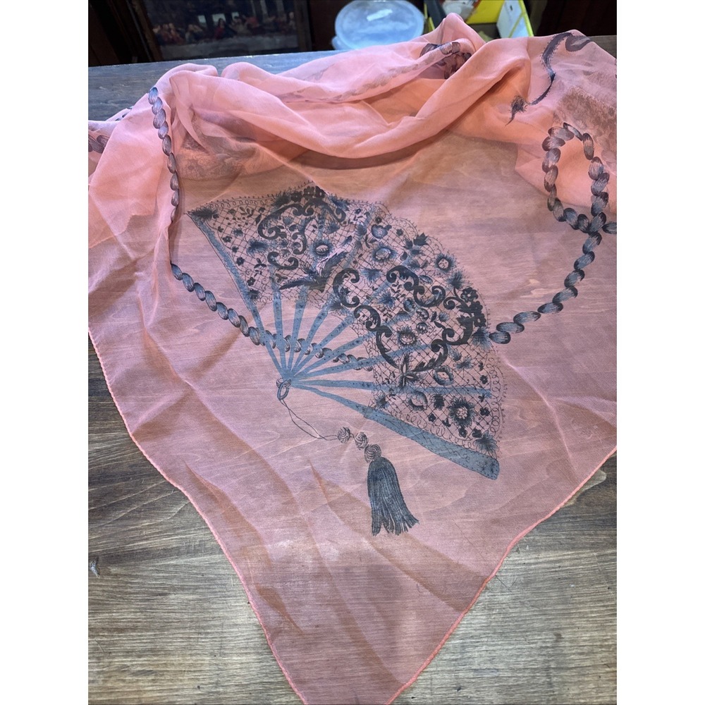 Vintage Scarf Sheer Neck Head Fan Rope Coral Fans MCM 32 X 35